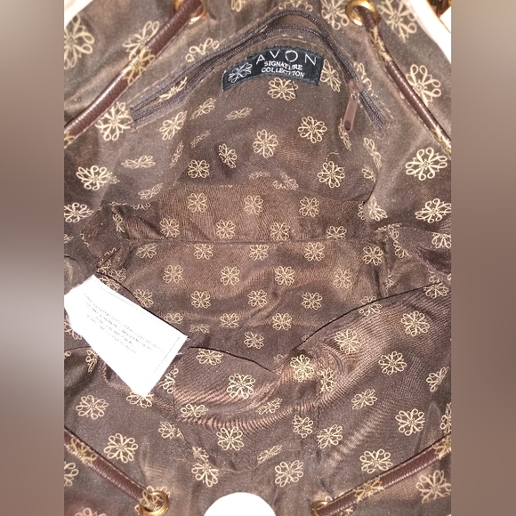 Avon Signature Collection Brown & White Satchel Purse, 2 Handles, Flower… - Picture 3 of 12